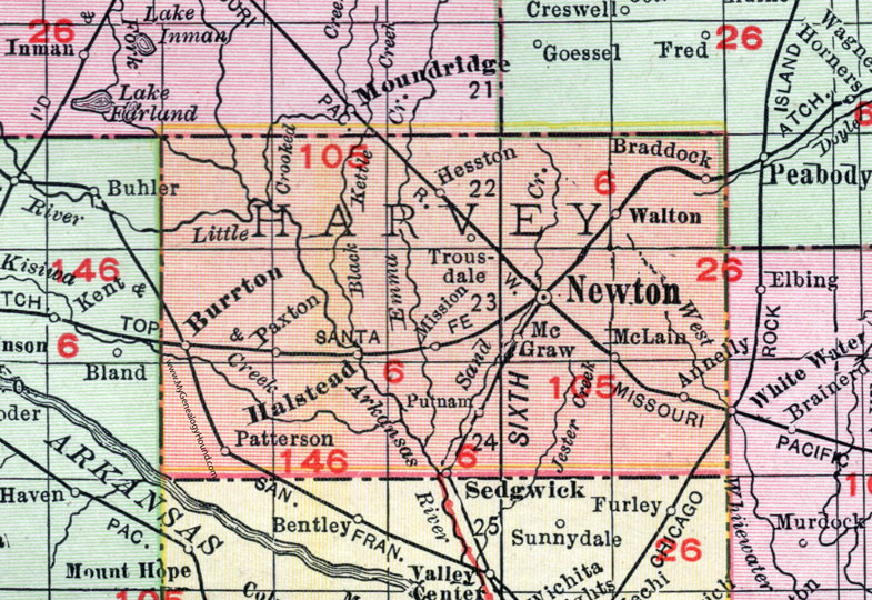 Harvey County, Kansas, 1911, Map, Newton, Hesston, Halstead, Burrton, Patterson, Sedgwick, Walton, Braddock, Trousdale, Paxton, McGraw, McLain, Annelly, Putnam, Mission