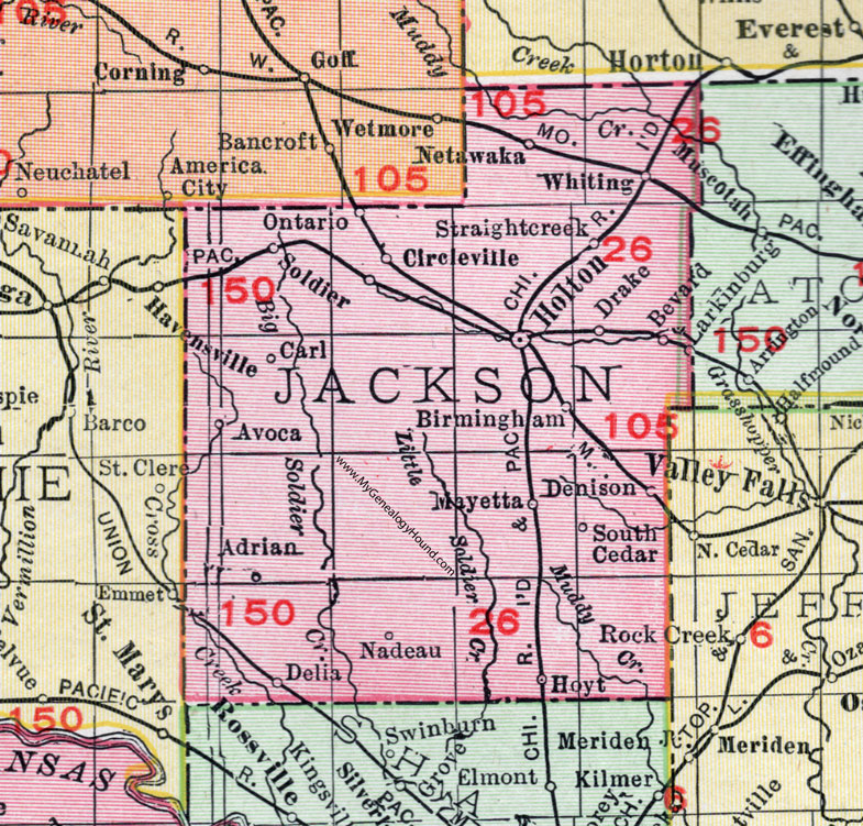 Jackson County, Kansas, 1911, Map, Holton, Netawaka, Hoyt, Soldier, Circleview, Whiting, Delia, Mayetta, Birmingham, Ontario, Avoca, Adrian, Nadeau, Drake, Denison, Bevsard, Larkinburg