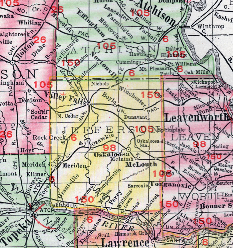Jefferson County, Kansas, 1911, Map, Oskaloosa, Valley Falls, Perry, Nortonville, Rock Creek, Grantville, Williamstown, McLouth, Ozawkie, Winchester, Meriden, Thompsonville, Medina, Newman, Sarcoxie
