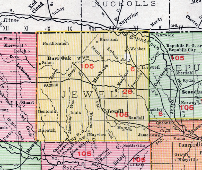 Jewell County, Kansas, 1911, Map, Mankato, Burr Oak, Jewell City, Montrose, Formoso, Randall, Esbon, North Branch, Webber, Lovewell, Rubens, Steuben, Dentonia, Ionia, Mayview