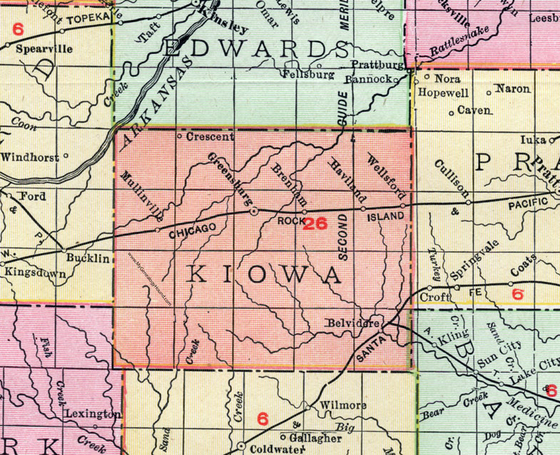 Kiowa County, Kansas, 1911, Map, Greensburg, Haviland, Mullinville, Belvidere, Brenham, Crescent, Wellsford