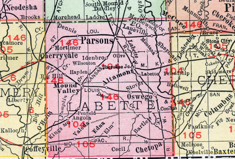 Labette County, Kansas, 1911, Map, Oswego, Parsons, Chetopa, Mound Valley, Angola, Edna, Bartlett, Altamont, Labette City, Montana, Dennis, Idenbro, Valeda, Condon, Hayden, Wilsonton