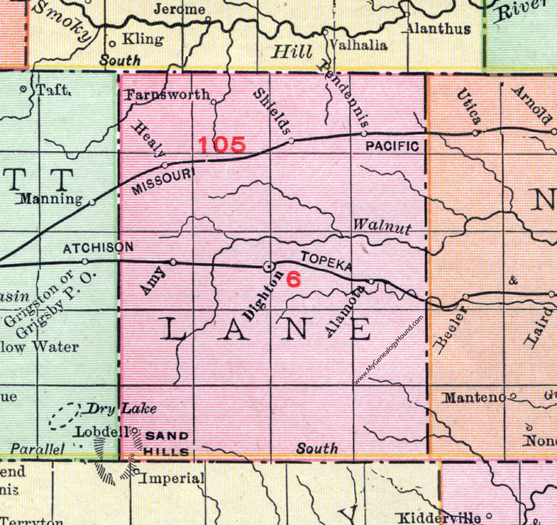 Lane County, Kansas, 1911, Map, Dighton, Healy, Alamota, Amy, Pendennis, Shields, Farnsworth