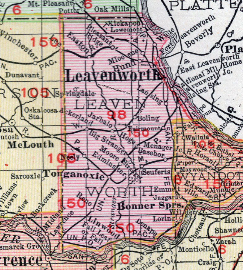 Leavenworth County, Kansas, 1911, Map, City of Leavenworth, Toganoxie, Lansing, Lowemont, Fairmount, Basehor, Linwood, Easton, Reno, Kickapoo, Jarbalo, Ackerland, Big Stranger, Lenape