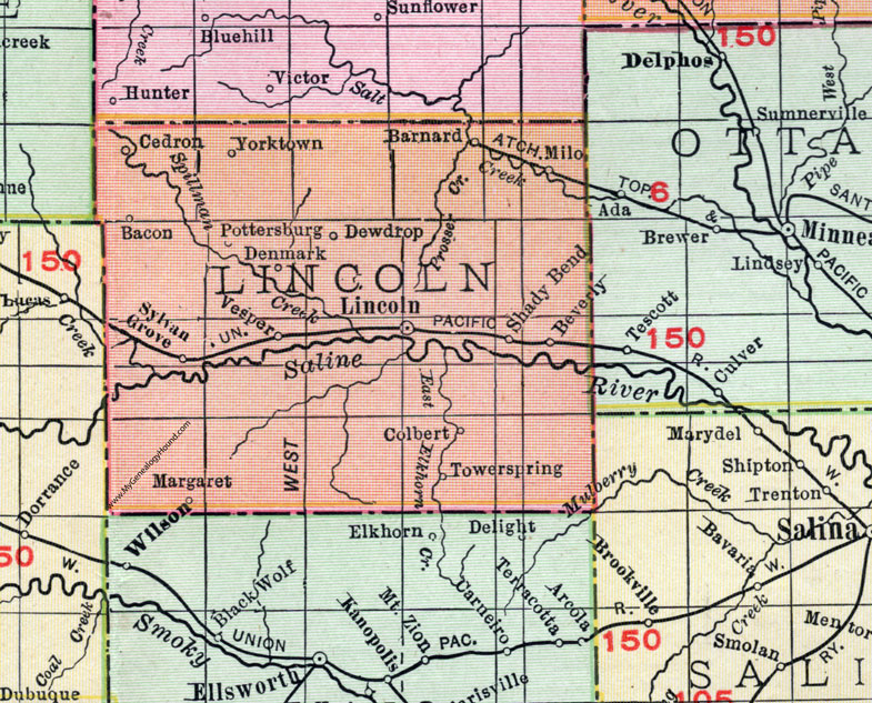 Lincoln County, Kansas, 1911, Map, Lincoln City, Sylvan Grove, Barnard, Denmark, Vesper, Beverly, Pottersburg, Cedron, Yorktown, Bacon, Dewdrop, Shady Bend, Margaret, Colbert, Towerspring