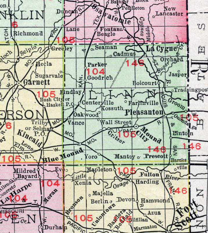 Linn County, Kansas, 1911, Map, Mound City, Pleasanton, La Cygne, Parker, Goodrich, Boicourt, Centerville, Blue Mound, Prescott, Farlinville, Kossuth, Wall Street, Critzer, Yoro, Cadmus, Mantey