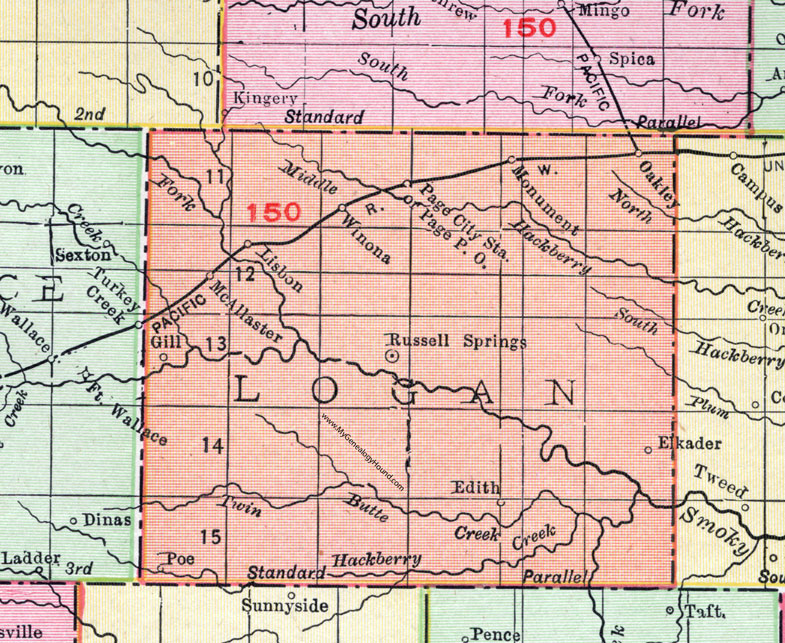 Logan County, Kansas, 1911, Map, Russell Springs, Oakley, Winona, Page City, Lisbon, McAllaster, Gill, Monument, Poe, Edith, Elkader