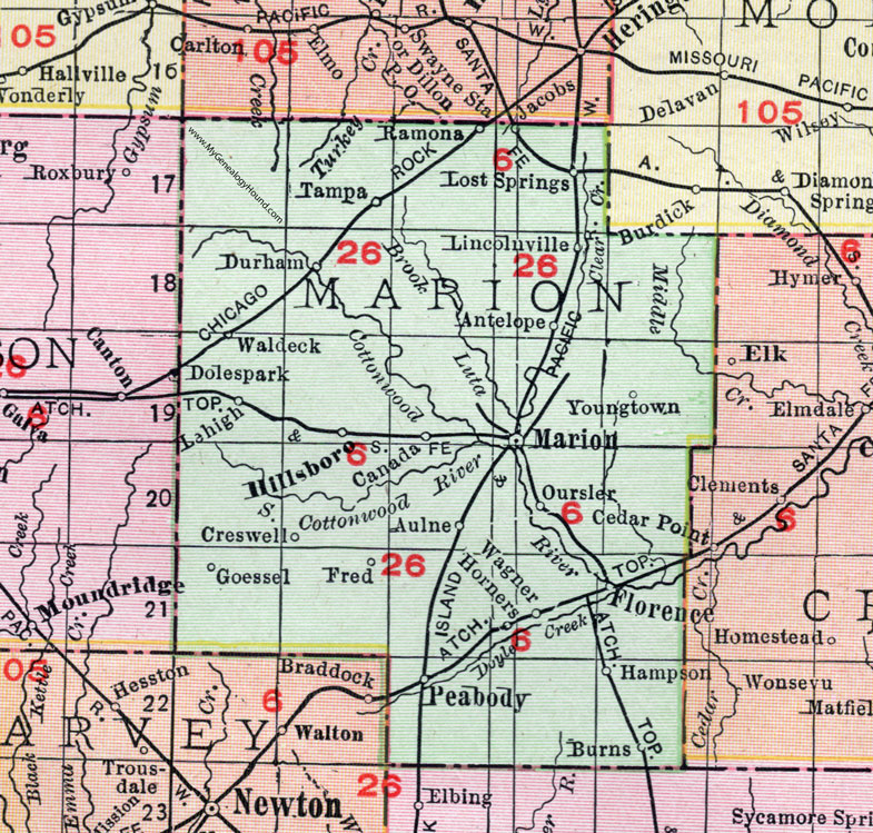 Marion County, Kansas, 1911, Map, Marion City, Hillsboro, Florence, Peabody, Ramona, Lost Springs, Tampa, Lincolnville, Antelope, Durham, Lehigh, Aulne, Burns, Goessel, Creswell, Oursler, Horners, Waldeck 