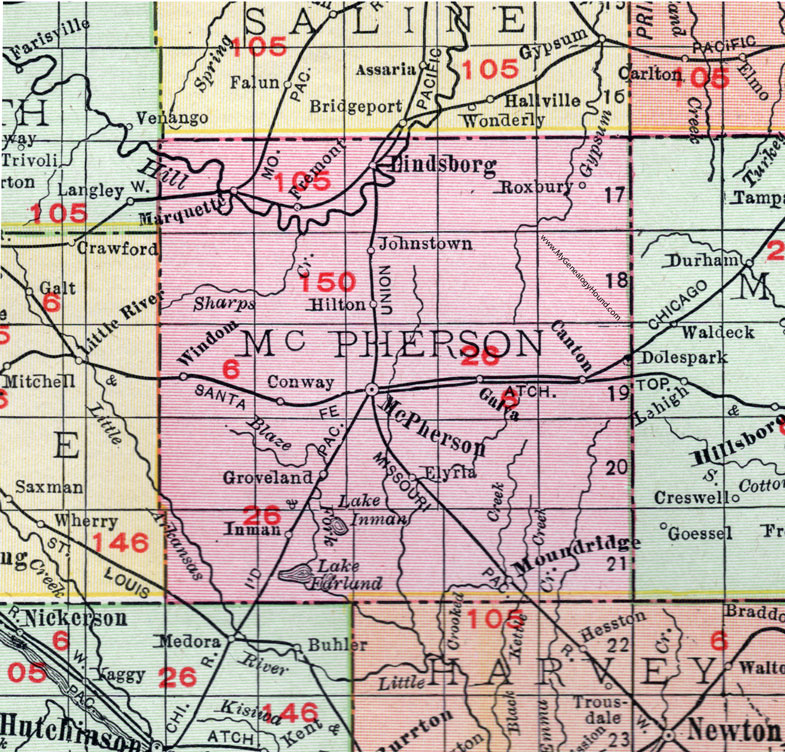 McPherson County, Kansas, 1911, Map, McPherson City, Lindsborg, Moundridge, Inman, Marquette, Roxbury, Galva, Windom, Canton, Fremont, Johnstown, Hilton, Conway, Doles Park, Groveland, Elyria