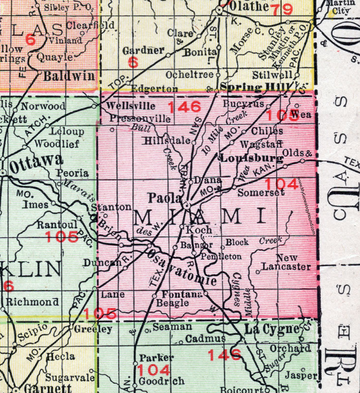 Miami County, Kansas, 1911, Map, Paola, Osawatomie, Louisburg, Hillsdale, Wagstaff, Chiles, Bucyrus, New Lancaster, Fontana, Beagle, Duncan, Koch, Pendleton, Bangor, Stanton