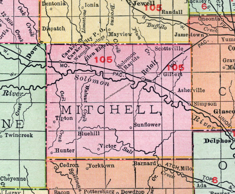 Mitchell County, Kansas, 1911, Map, Beloit, Cawker City, Glen Elder, Scottsville, Hunter, Asherville, Waconda Springs, Solomon Rapids, Gilbert, Tipton, Hunter, Blue Hill, Sunflower, Simpson, Victor