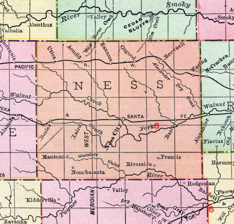 Ness County, Kansas, 1911, Map, Ness City, Ransom, Bazine, Utica, Arnold, Brownell, Beeler, Osgood, Waring, Laird, Manteno, Nonchalanta, Riverside, Francis