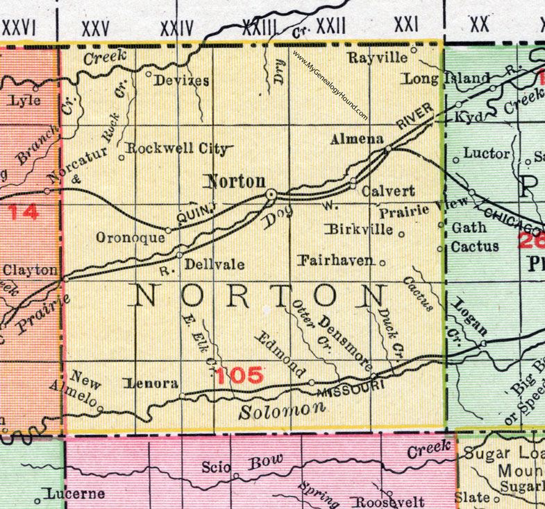 Norton County, Kansas, 1911, Map, Norton City, Almena, Lenora, Densmore, Edmond, Lenora, New Almelo, Clayton, Fairhaven, Birkville, Calvert, Dellvale, Gath, Cactus, Oronoque, Rockwell City, Devizes, Rayville, Calvert