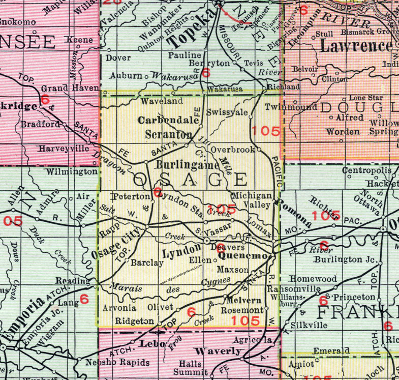 Osage County, Kansas, 1911, Map, Lyndon, Osage City, Scranton, Carbondale, Burlingame, Barclay, Olivet, Quenemo, Melvern, Vassar, Swissvale, Michigan Valley, Lomax, Peterton, Arvonia, Maxson, Deavers, Rosemont
