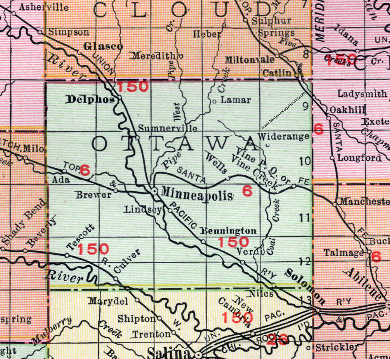 Ottawa County, Kansas, 1911, Map, Minneapolis, Delphos, Tescott, Culver, Verdi, Niles, Ada, Wells, Bennington, Brewer, Lamar, Summerville, Widerange, Lindsey, Vine