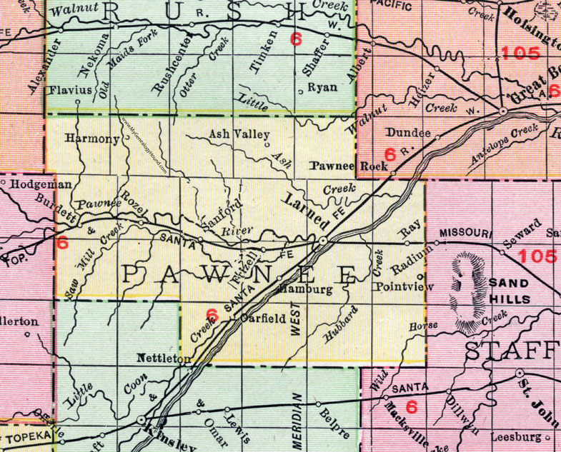 Pawnee County, Kansas, 1911, Map, Larned, Garfield, Burdett, Rozel, Sanford, Harmony, Ash Valley, Pointview, Ray, Hamburg, Frizell