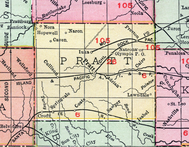 Pratt County, Kansas, 1911, Map, Pratt City, Coats, Iuka, Hopewell, Cullison, Natrona, Preston, Cairo, Sawyer, Naron, Nora, Caven, Olympia, Adrian, Lawndale, Croft, Springvale