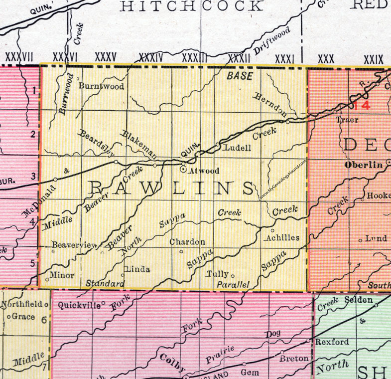 Rawlins County, Kansas, 1911, Map, Atwood, McDonald, Herndon, Beardsley, Blakeman, Ludell, Achilles, Chardon, Tully, Beaverview, Burntwood, Linda, Minor
