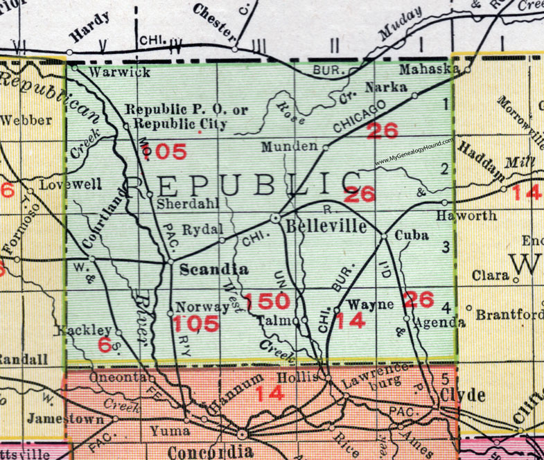 Republic County, Kansas, 1911, Map, Belleville, Scandia, Courtland, Republic City, Kackley, Norway, Wayne, Agenda, Cuba, Munden, Narka, Warwick, Sherdahl, Rydal, Haworth, Talmo