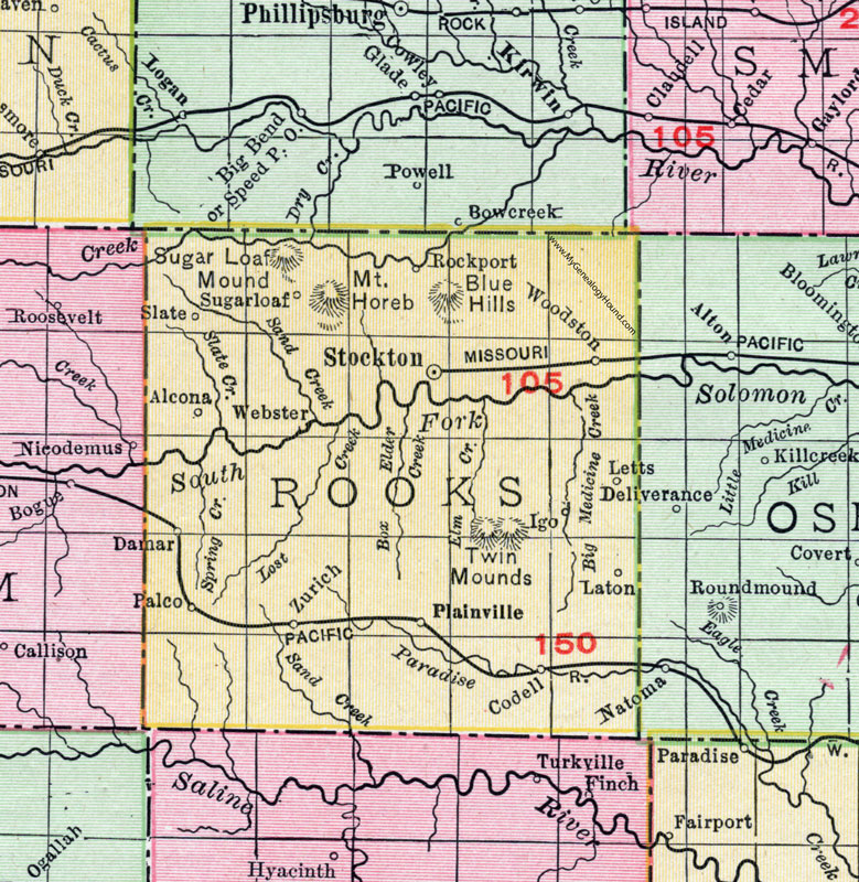 Rooks County, Kansas, 1911, Map, Stockton, Plainville, Palco, Woodston, Zurich, Damar, Codell, Sugarloaf, Slate, Rockport, Alcona, Webster, Igo, Letts, Laton