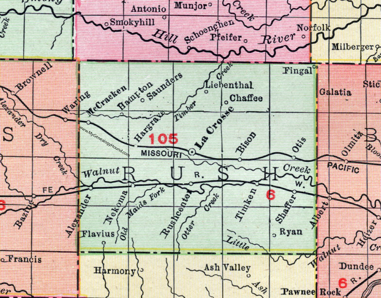 Rush County, Kansas, 1911, Map, La Crosse, McCracken, Otis, Liebenthal, Bison, Timken, Rush Center, Nekoma, Alexander, Hampton, Saunders, Hargrave, Chaffee, Fingal, Flavius, Shaffer, Ryan