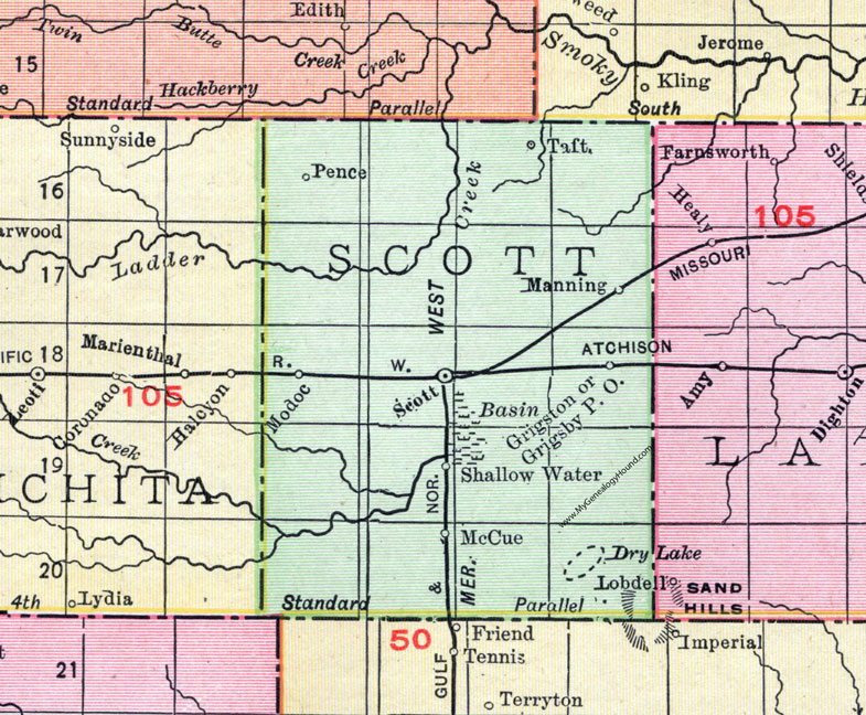 Scott County, Kansas, 1911, Map, Scott City, Shallow Water, Grigston, Modoc, Manning, Taft, Pence, Grigsby, McCue