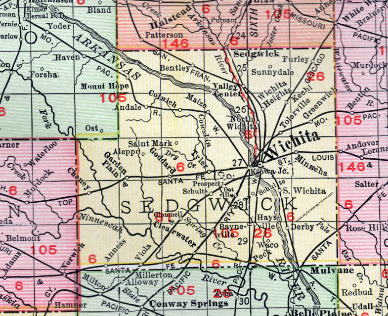 Sedgwick County, Kansas, 1911, Map, Wichita, Valley Center, Derby, Haysville, Clearwater, Cheney, Viola, Schulte, Garden Plain, Goddard, Colwich, Maize, Andale, Mount Hope, Bentley, Kechi, Greenwich
