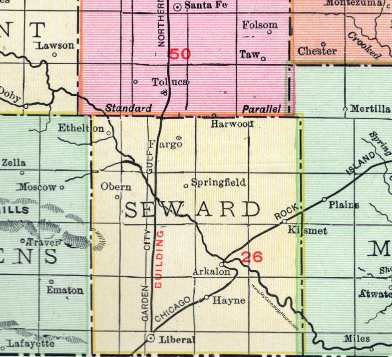 Seward County, Kansas, 1911, Map, Liberal, Kismet, Obern, Ethelton, Fargo, Arkalon, Hayne, Springfield