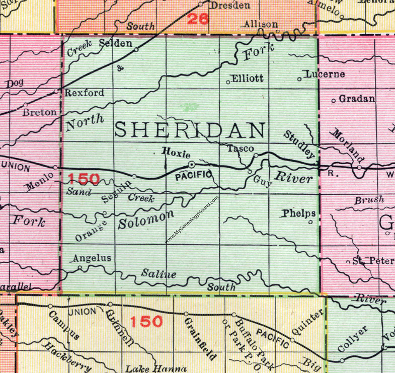 Sheridan County, Kansas, 1911, Map, Hoxie, Selden, Seguin, Tasco, Studley, Angelus, Elliott, Lucerne, Guy, Phelps, Orange