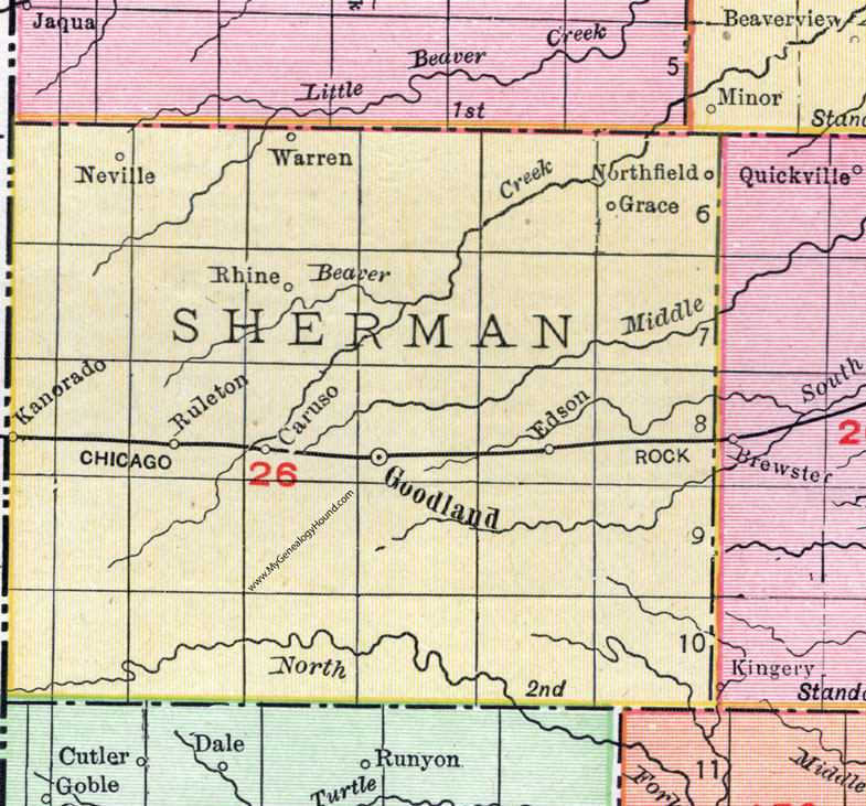 Sherman County, Kansas, 1911, Map, Goodland, Kanorado, Edson, Neville, Warren, Northfield, Grace, Rhine, Ruleton, Caruso