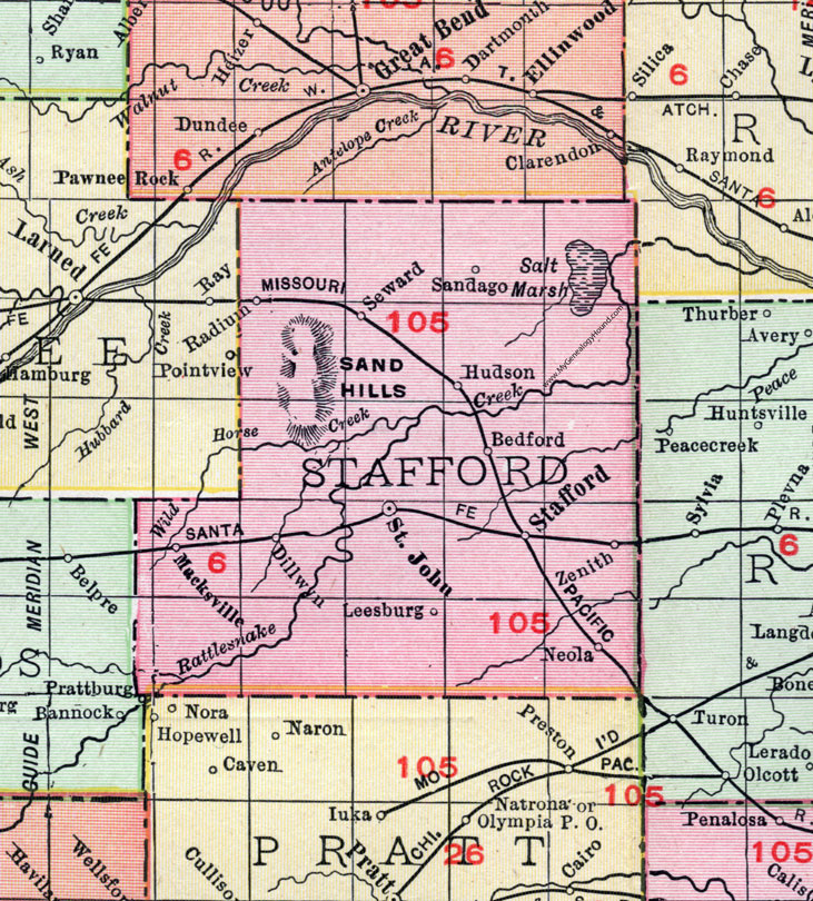 Stafford County, Kansas, 1911, Map, St. John, Stafford City, Macksville, Radium, Seward, Sandago, Hudson, Bedford, Leesburg, Neola, Zenith, Dillwyn