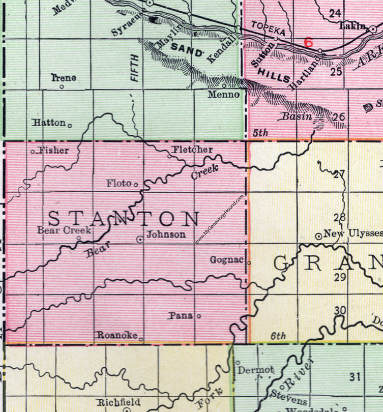 Stanton County, Kansas, 1911, Map, Johnson City, Floto, Bear Creek, Fisher, Fletcher, Pana, Roanoke