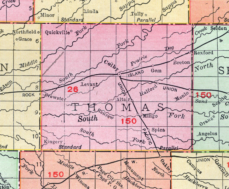 Thomas County, Kansas, 1911, Map, Colby, Brewster, Levant, Gem, Rexford, Menlo, Spica, Kingery, Breton, Halford, Mingo, Altair, Quickville