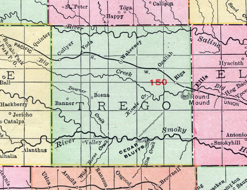 Trego County, Kansas, 1911, Map, WaKeeney, Collyer, Ogallah, Voda, Riga, Bosna, Banner, Valley