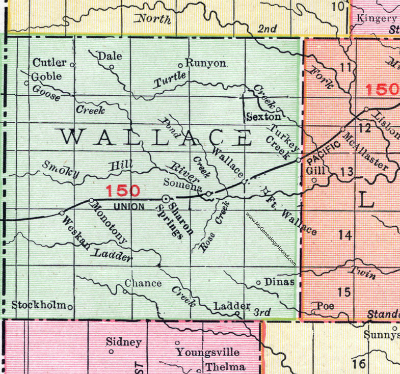 Wallace County, Kansas, 1911, Map, Sharon Springs, Weskan, Wallace City, Cutler, Goble, Dale, Runyon, Sexton, Turkey Creek, Ft. Wallace, Somena, Monotony, Stockholm, Ladder, Dinas, Chance