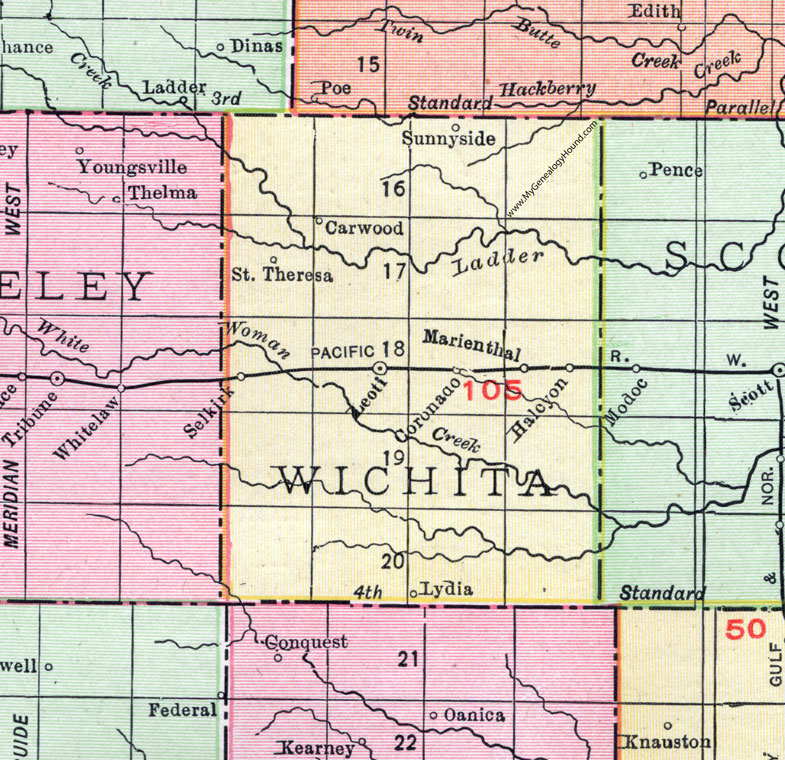 Wichita County, Kansas, 1911, Map, Leoti, Marienthal, Selkirk, Sunnyside, Carwood, St. Theresa, Coronado, Halcyon, Lydia