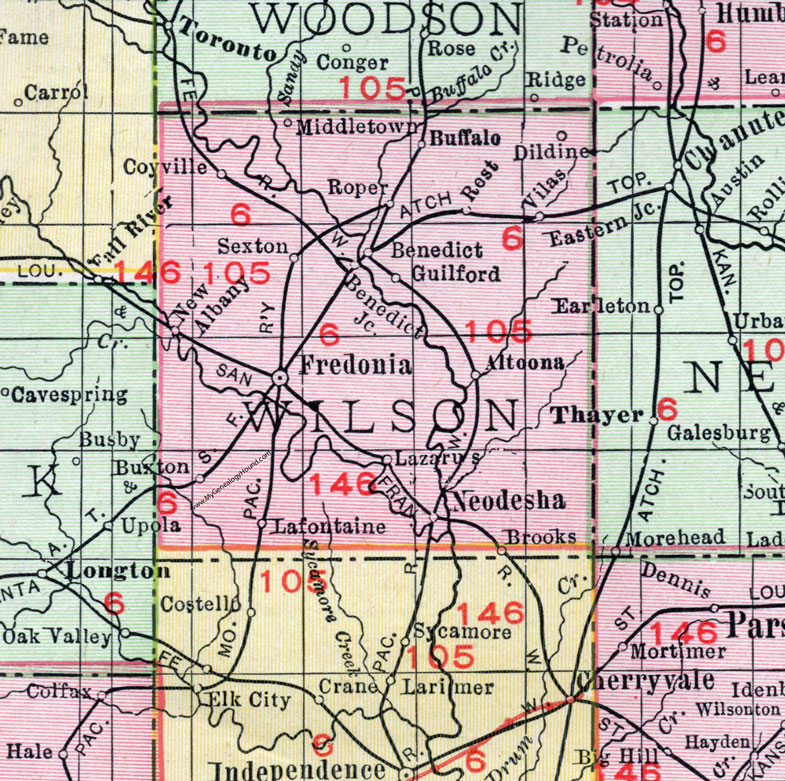 Wilson County, Kansas, 1911, Map, Fredonia, Neodesha, Altoona, Buffalo, Coyville, Roper, Benedict, Vilas, New Albany, Buxton, Lafontaine, Dildine, Guilford, Sexton, Brooks, Lazarus, Middletown