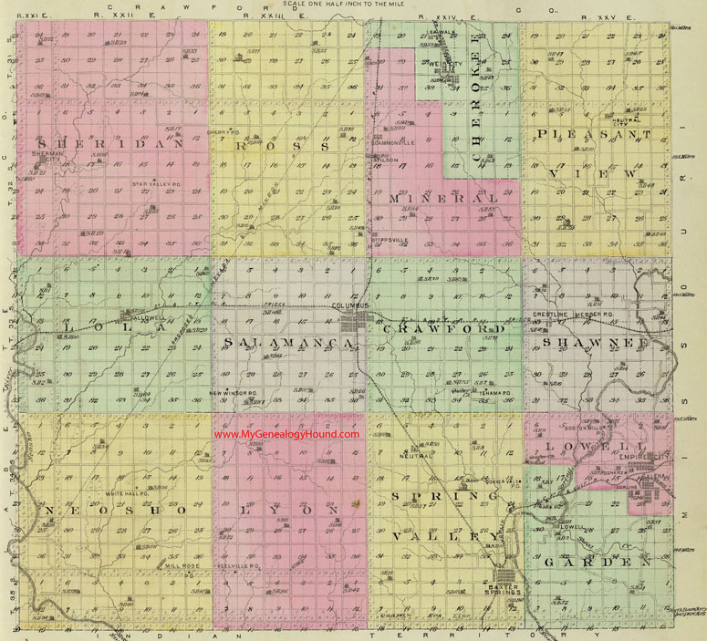Cherokee County Kansas 1887 Map Columbus, Galena, Baxter Springs, Hallowell, Weir City, Empire City, Crestline, Lowell, Scammon, Scammonville, KS