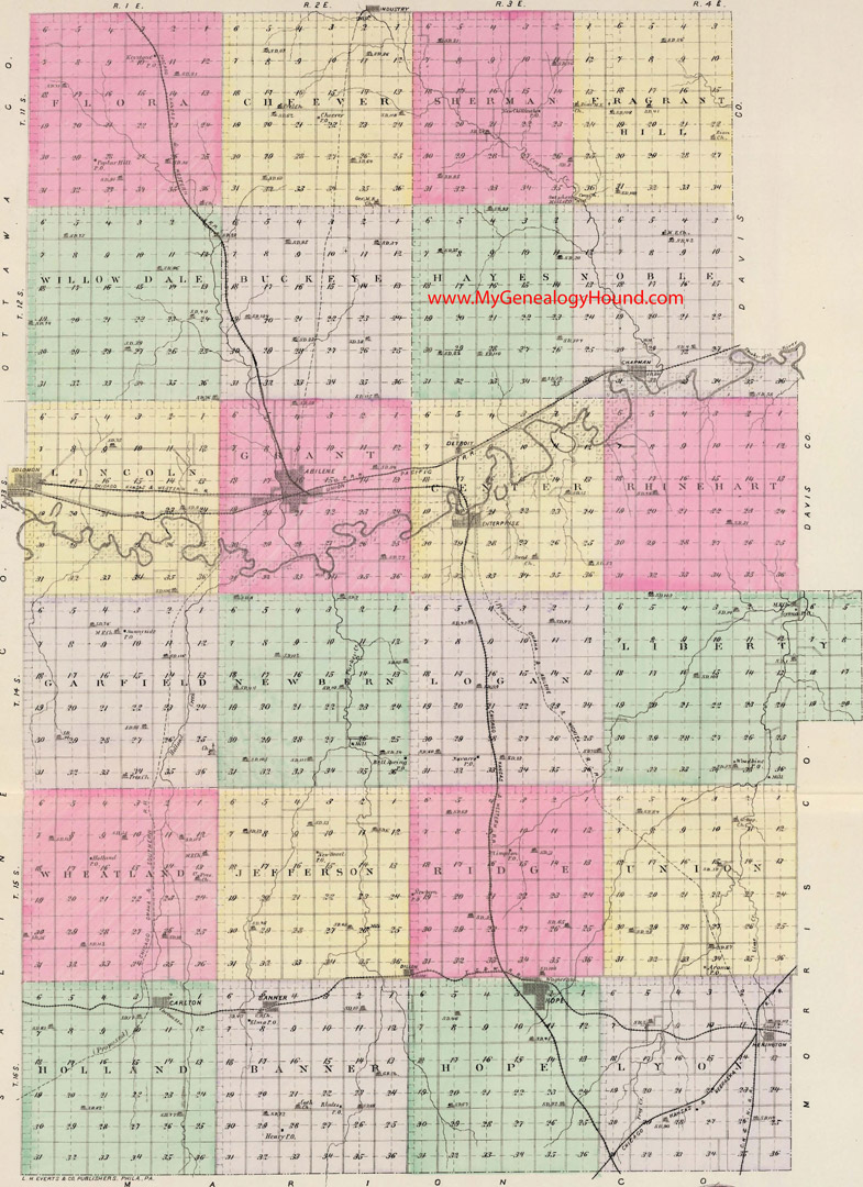 Dickinson County, Kansas 1887 Map Abilene, Solomon, Enterprise, Chapman, Hope, Herington, Banner, Carlton, Detroit, KS