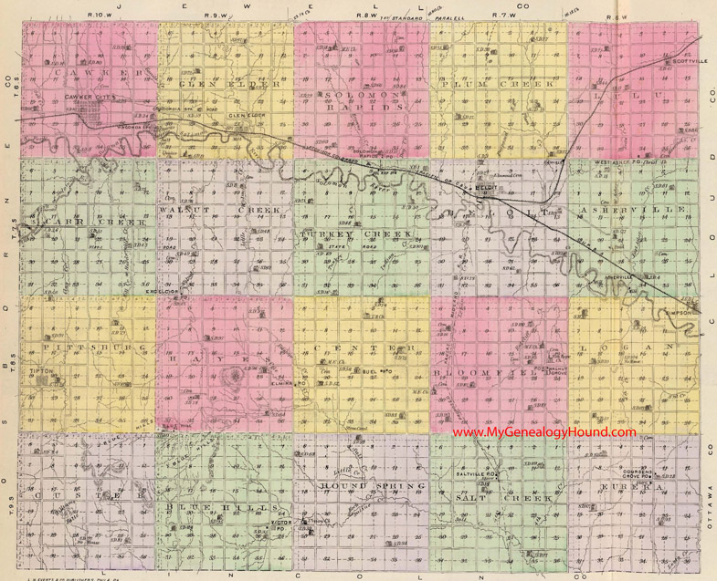 Mitchell County, Kansas 1887 Map Cawker City, Beloit, Tipton, Glen Elder, Asherville, Simpson, Victor, Scottville, Waconda Springs, KS