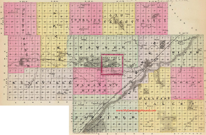Pawnee County, Kansas 1887 Map Larned, Burdette, Browns Grove, Garfield, Ash Valley, Lanark, Conkling, Harmony, Ben Wade, George, Nixon, Marshall, Fort Larned, KS