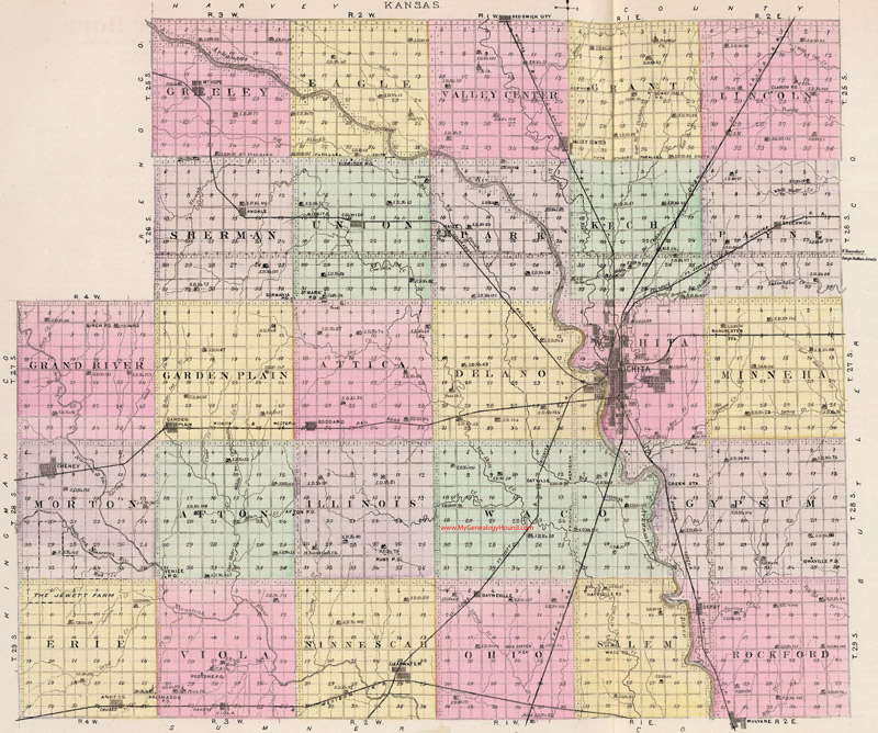 Sedgwick County, Kansas 1887 Township Map Wichita, Clearwater, Cheney, Valley Center, Mt. Hope, Colwich, Andale, Greenwich, Derby, Bayneville, Anness, Viola, Mulvane, KS