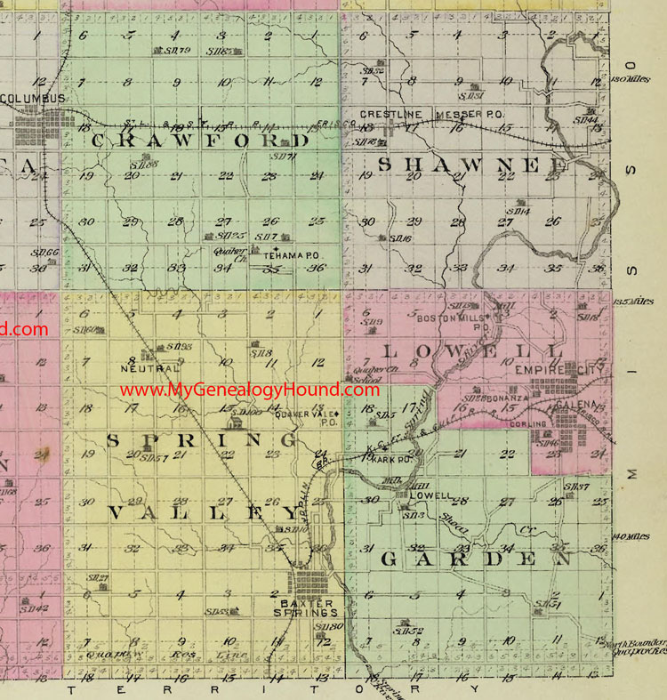 Southeast Cherokee County Kansas map Crawford Township, Garden Township, Lowell Township, Shawnee Township, Spring Valley Township, KS