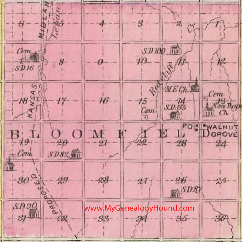 Bloomfield Township, Mitchell County, Kansas 1887 Map Walnut Grove, KS 