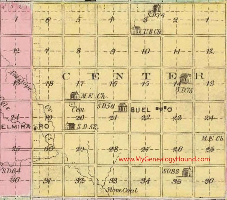 Center Township, Mitchell County, Kansas 1887 Map Buel, Elmira, KS