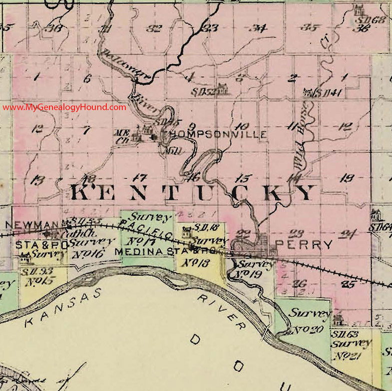 Kentucky Township, Jefferson County, Kansas 1887 Map Medina Station, Newman, Perry, Thompsonville, KS