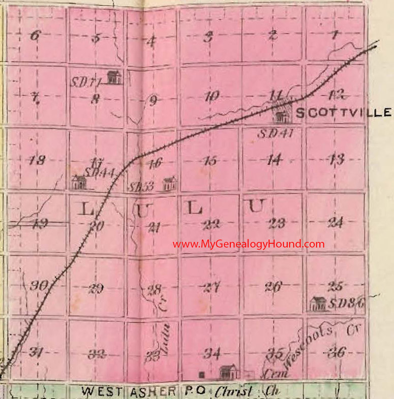 Lulu Township, Mitchell County, Kansas 1887 Map Scottville, West Asher, KS