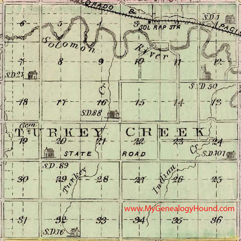 Turkey Creek Township, Mitchell County, Kansas 1887 Map Sol Rap Station, Solomon Rapids Station, KS