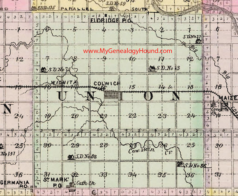 Union Township, Sedgwick County, KS 1887 Map Colwich, Eldridge, St. Mark, KS
