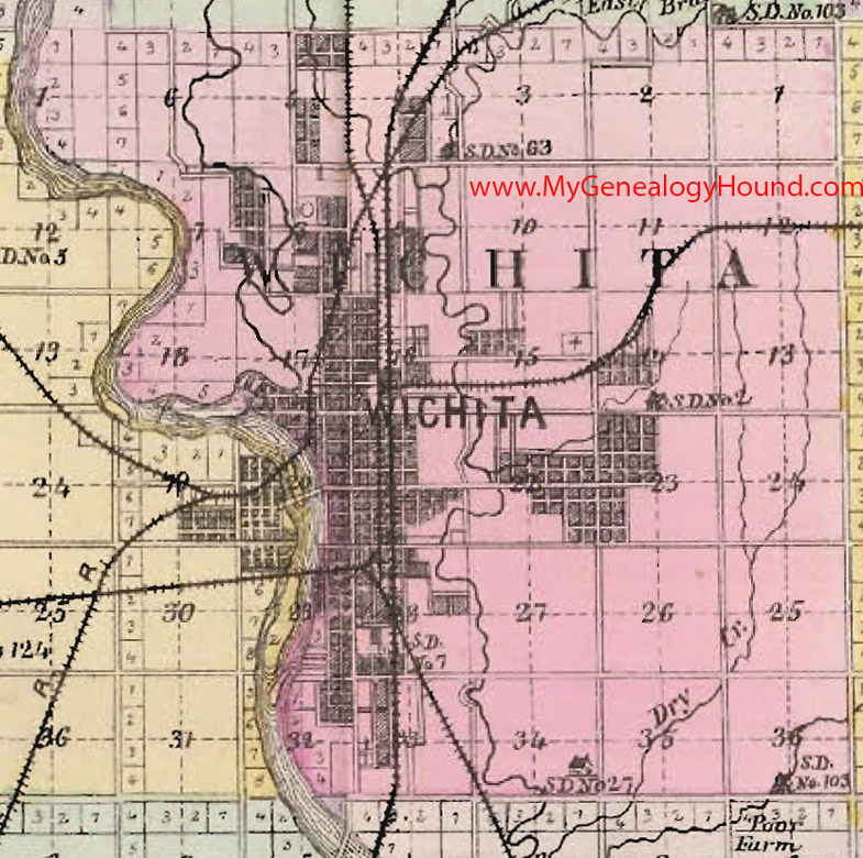 Wichita Township, Sedgwick County, Kansas 1887 Map Wichita, KS